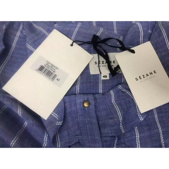 Sezane Manon Striped Blouse Tank Top Ruffle Buttondown Embroidered L-42 279535 - Picture 8 of 8